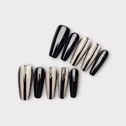Black striped Gel handmade Press on Nails |Long Coffin False Nails Set |Party Nails |Unique Design fake nails |simple Glue on nails