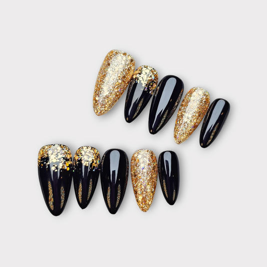 Black Short Almond Press on Nail | Sparkly Nail Set| Unique Design nails | Niche Design High end Nail | Party Bar Nail set